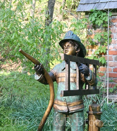 Life-Size Firefighter Boy Bronze Statue Fountain by Turner