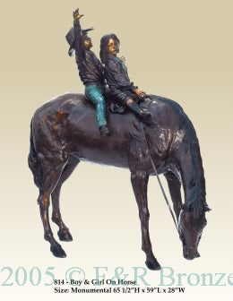 Monumental Boy & Girl On Horse Bronze Statue