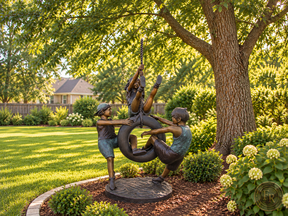 Wide architectural garden concept showing the 75-inch children on tire swing bronze statue beside a lawn and landscaped border.