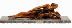 Reclining Woman with Dog bronze by J. Dominisse