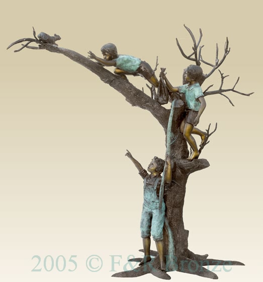 Three Boys with Squirrel on Tree bronze sculpture-1
