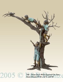 Three Boys with Squirrel on Tree bronze sculpture