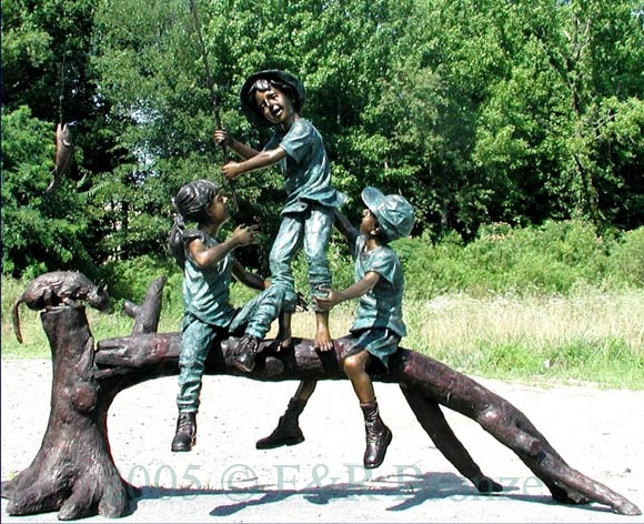 Three Kids Fishing Bronze statue-1
