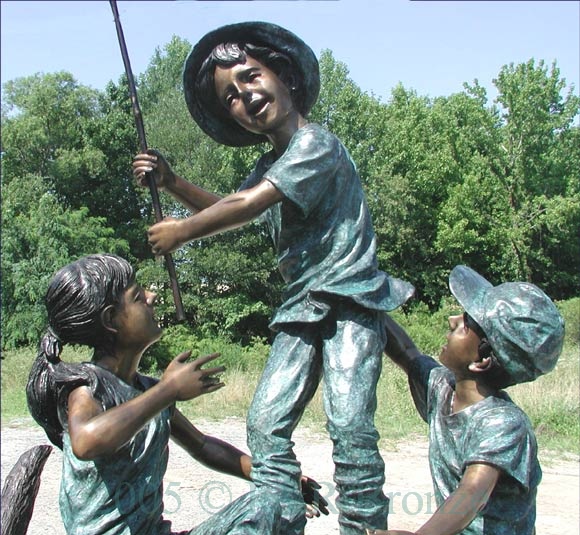 Three Kids Fishing Bronze statue-3