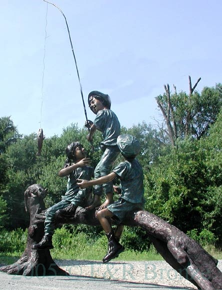 Three Kids Fishing Bronze statue-6