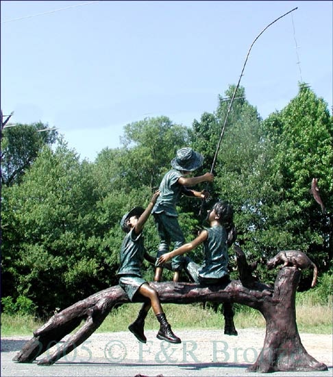 Three Kids Fishing Bronze statue-9
