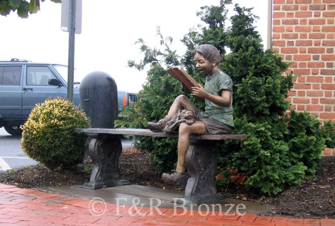 Boy Reading on Bench with Dog bronze sculpture-2