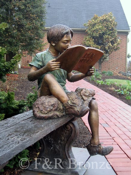 Boy Reading on Bench with Dog bronze sculpture-3