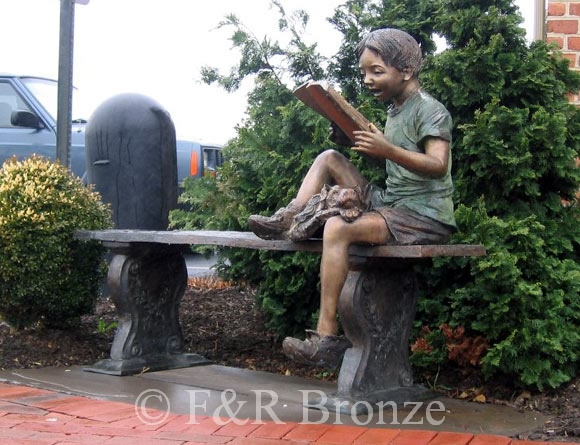 Boy Reading on Bench with Dog bronze sculpture-4