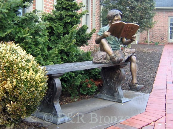 Boy Reading on Bench with Dog bronze sculpture-1