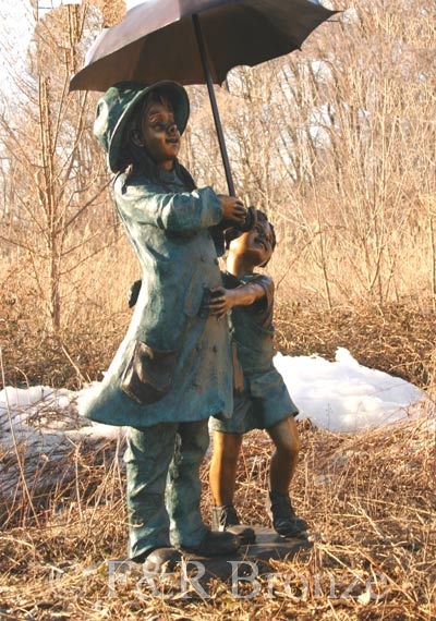 Girl & Boy holding umbrella bronze sculpture-4