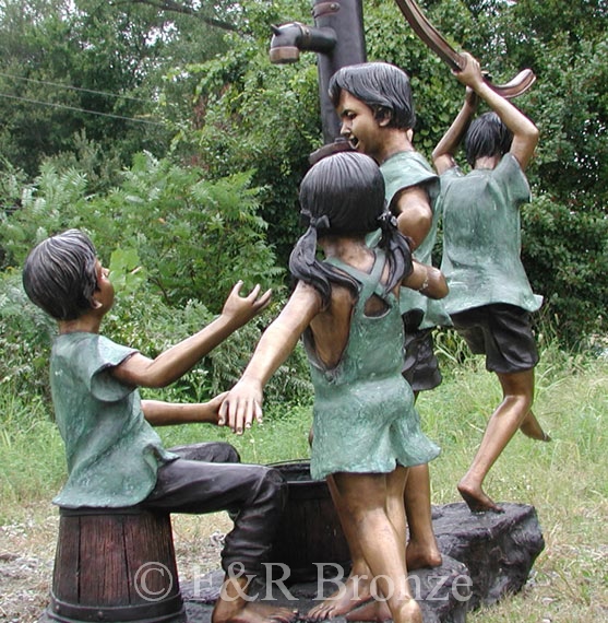 Kids with Water Pump bronze fountain-10