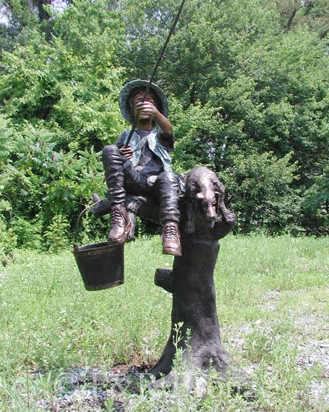Boy & Dog Fishing From Tree bronze statue-1