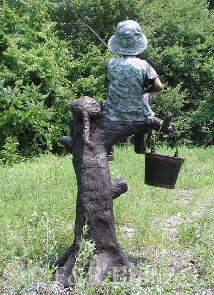 Boy & Dog Fishing From Tree bronze statue-2