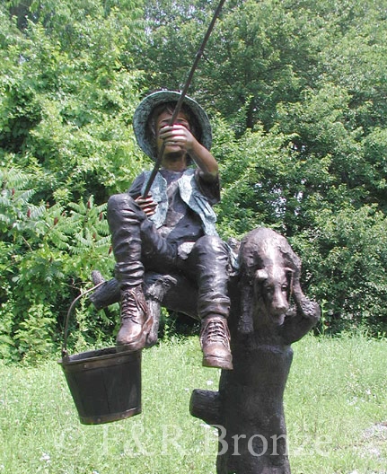 Boy & Dog Fishing From Tree bronze statue-3