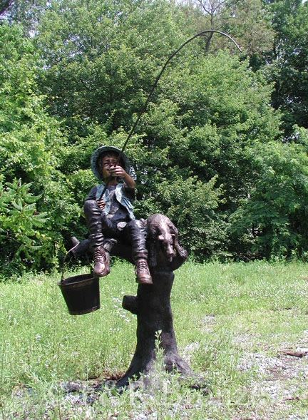 Boy & Dog Fishing From Tree bronze statue-4