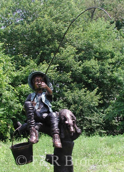 Boy & Dog Fishing From Tree bronze statue-5
