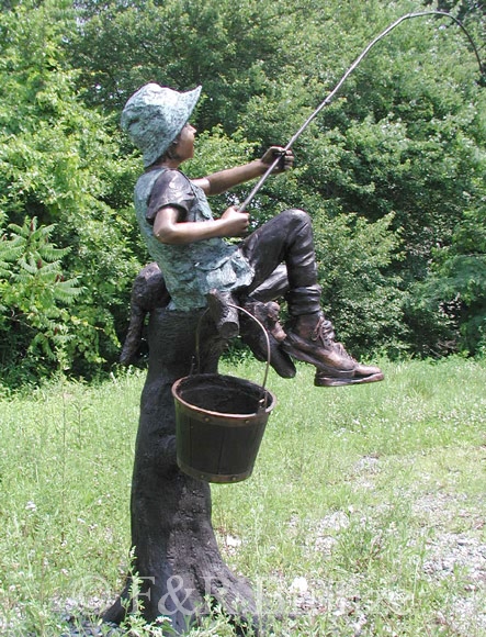 Boy & Dog Fishing From Tree bronze statue-6