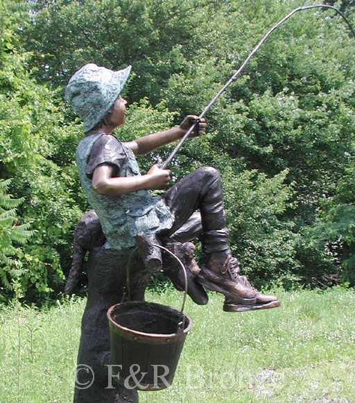 Boy & Dog Fishing From Tree bronze statue-7