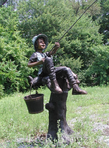 Boy & Dog Fishing From Tree bronze statue-8