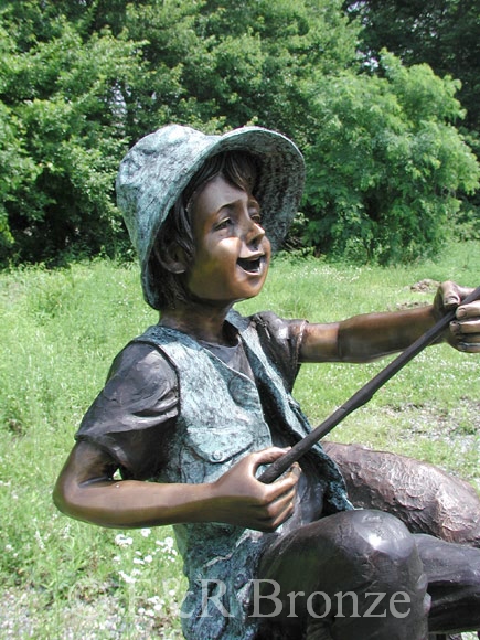 Boy & Dog Fishing From Tree bronze statue-9