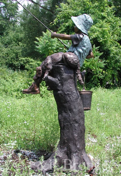 Boy & Dog Fishing From Tree bronze statue-10