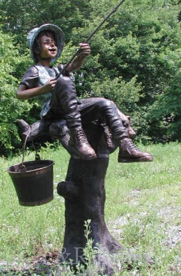 Boy & Dog Fishing From Tree bronze statue