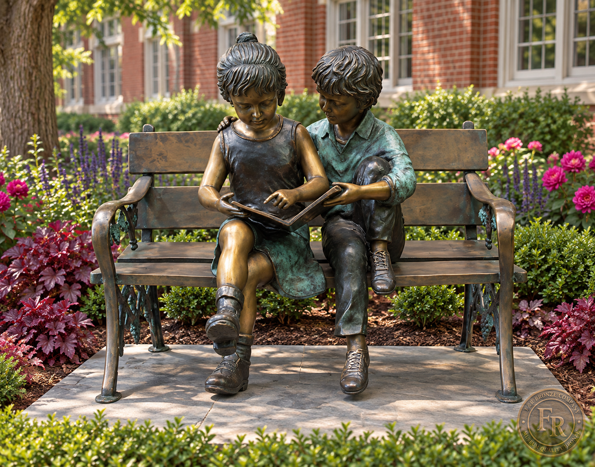Front architectural concept of the children on bench reading bronze statue among flowers outside a red-brick school.