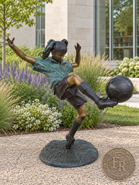Girl playing soccer bronze statue with a blue-green jersey and raised foot; three-quarter architectural concept view in a library garden.