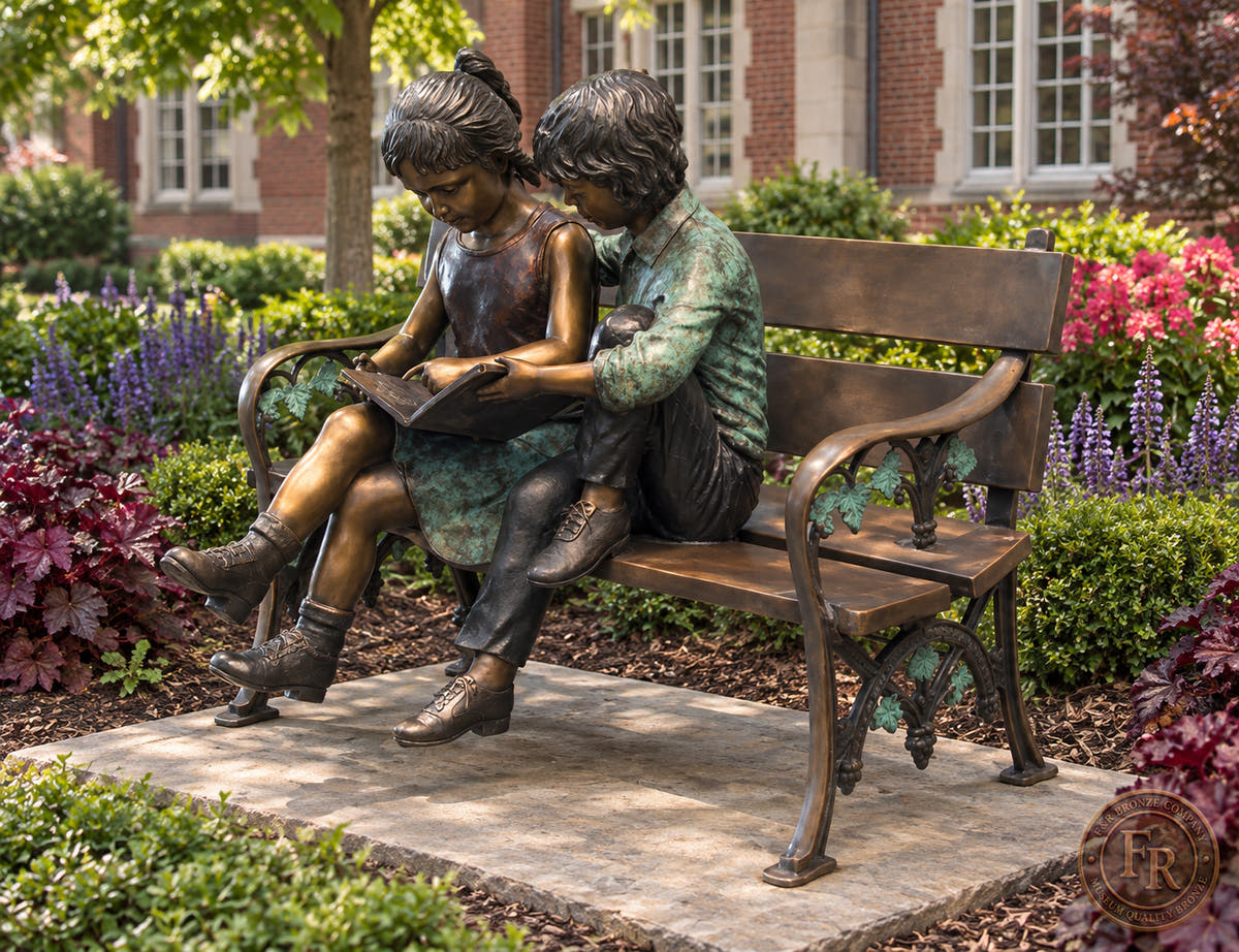 Three-quarter school courtyard concept of two kids on a bronze reading bench, showing the curved armrest and colored patina.