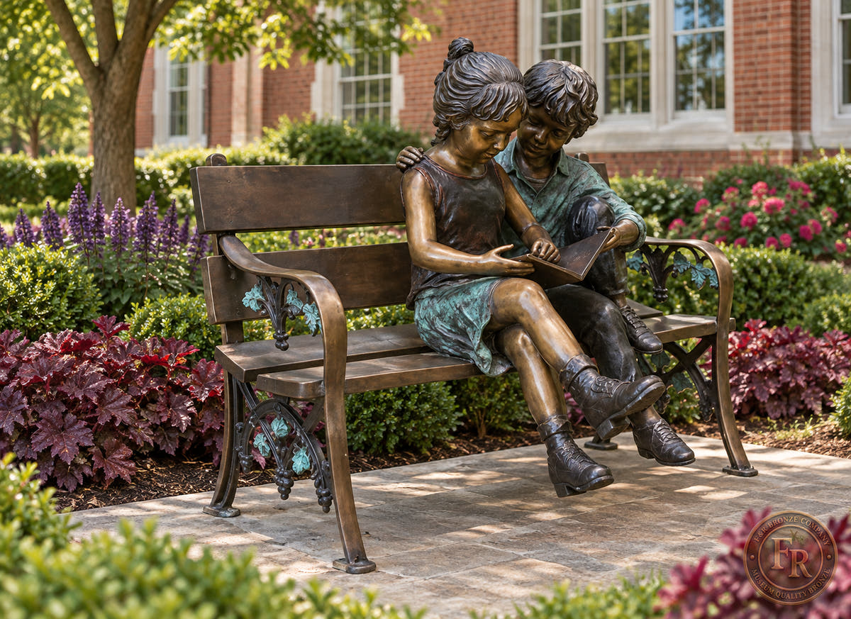 Architectural concept of the bronze reading children seated toward one side of an ornate bench in a school garden.