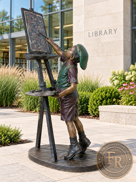 Architectural concept of the Little Picasso child painting bronze statue with easel and palette outside a public library.