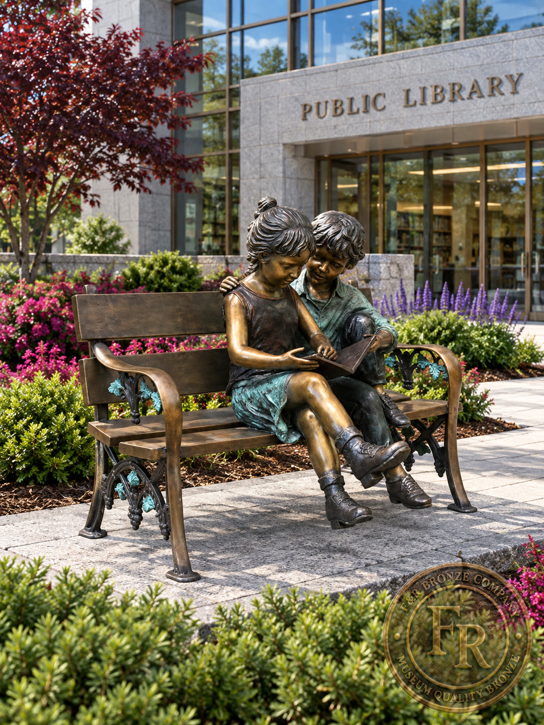 Architectural concept of the children reading bronze statue on a bench beside a landscaped public library entrance.