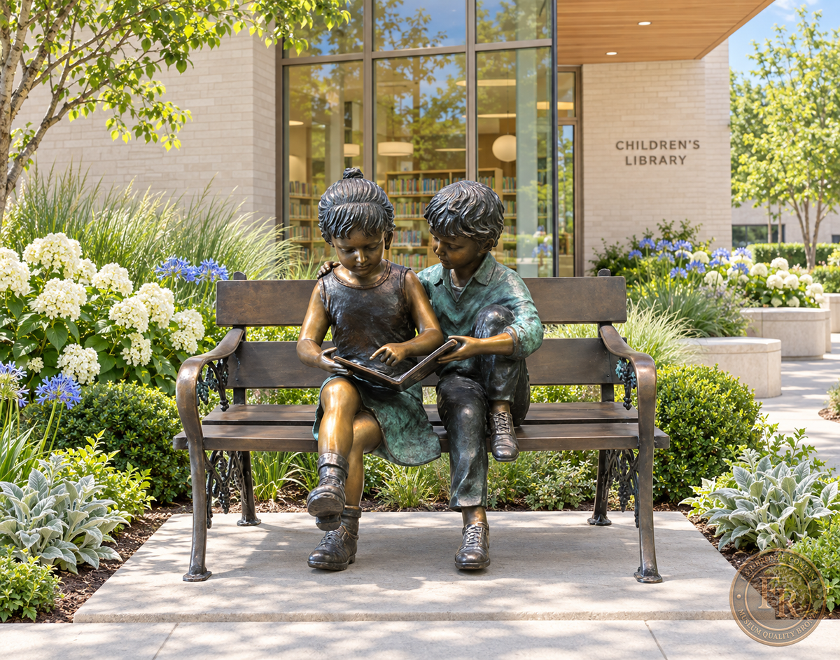 Front architectural concept of the two kids reading bronze bench sculpture in a children’s library courtyard with white flowers.