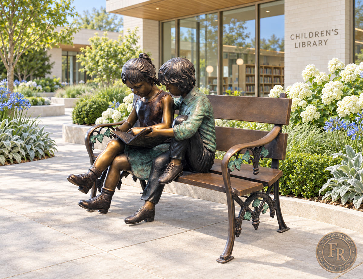 Angled architectural concept of the multicolor bronze children sharing a book on a bench outside a children’s library.