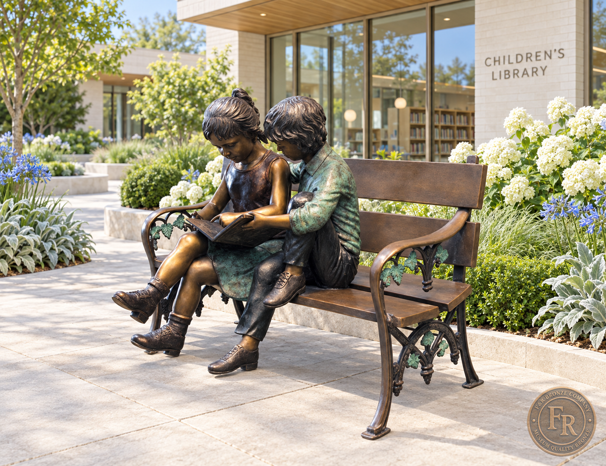 Angled architectural concept of the multicolor bronze children sharing a book on a bench outside a children’s library.