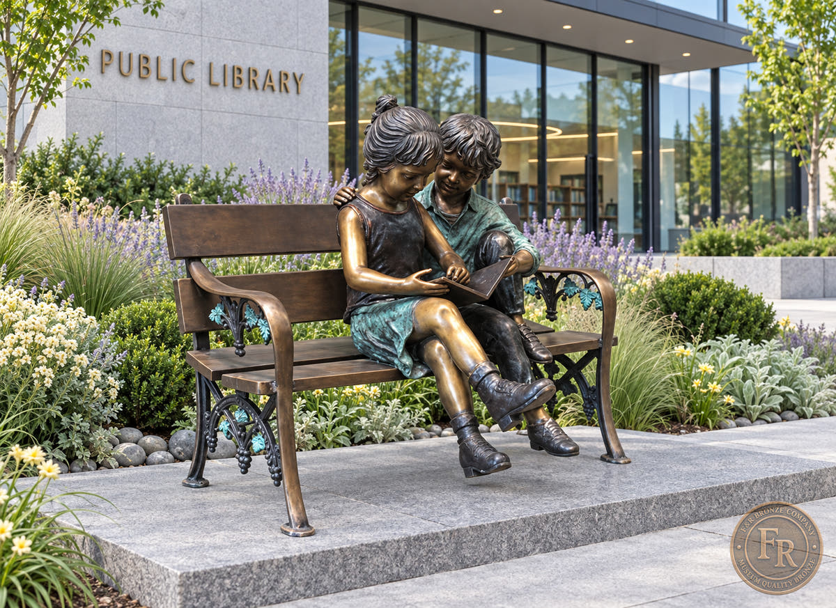 Public library concept of the children on bench reading bronze statue above broad stone steps and landscaped planting beds.
