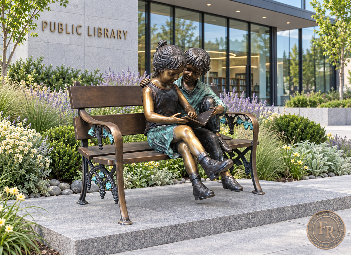 Public library concept of the children on bench reading bronze statue above broad stone steps and landscaped planting beds.