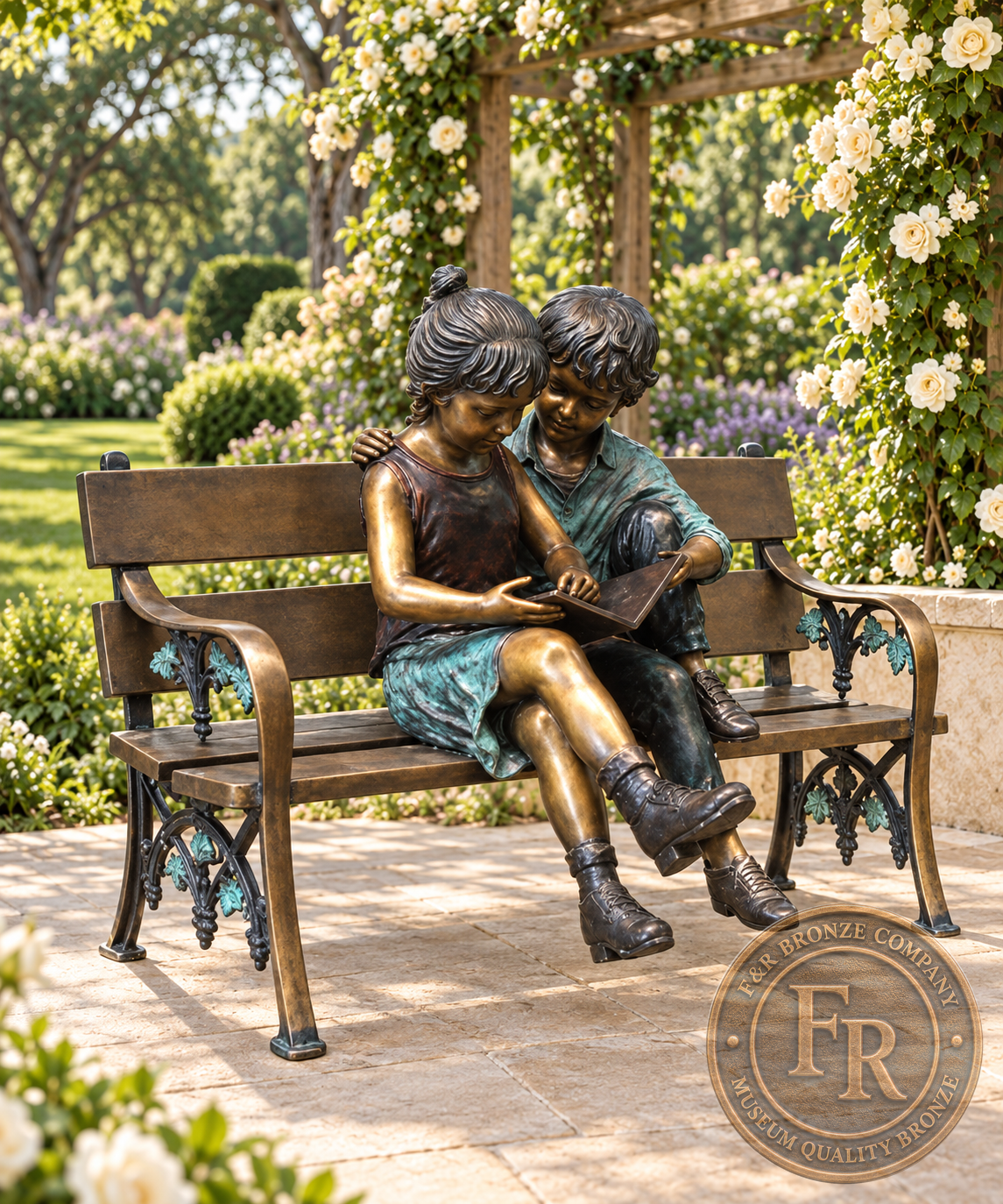 Architectural concept of two kids reading on an ornate bronze bench, with open seating beside the figures in a flower garden.