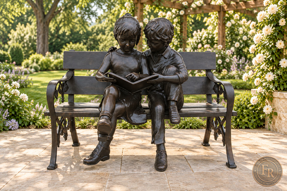 Architectural concept of two children sharing a book on a bronze bench in traditional brown patina beneath a garden arbor.