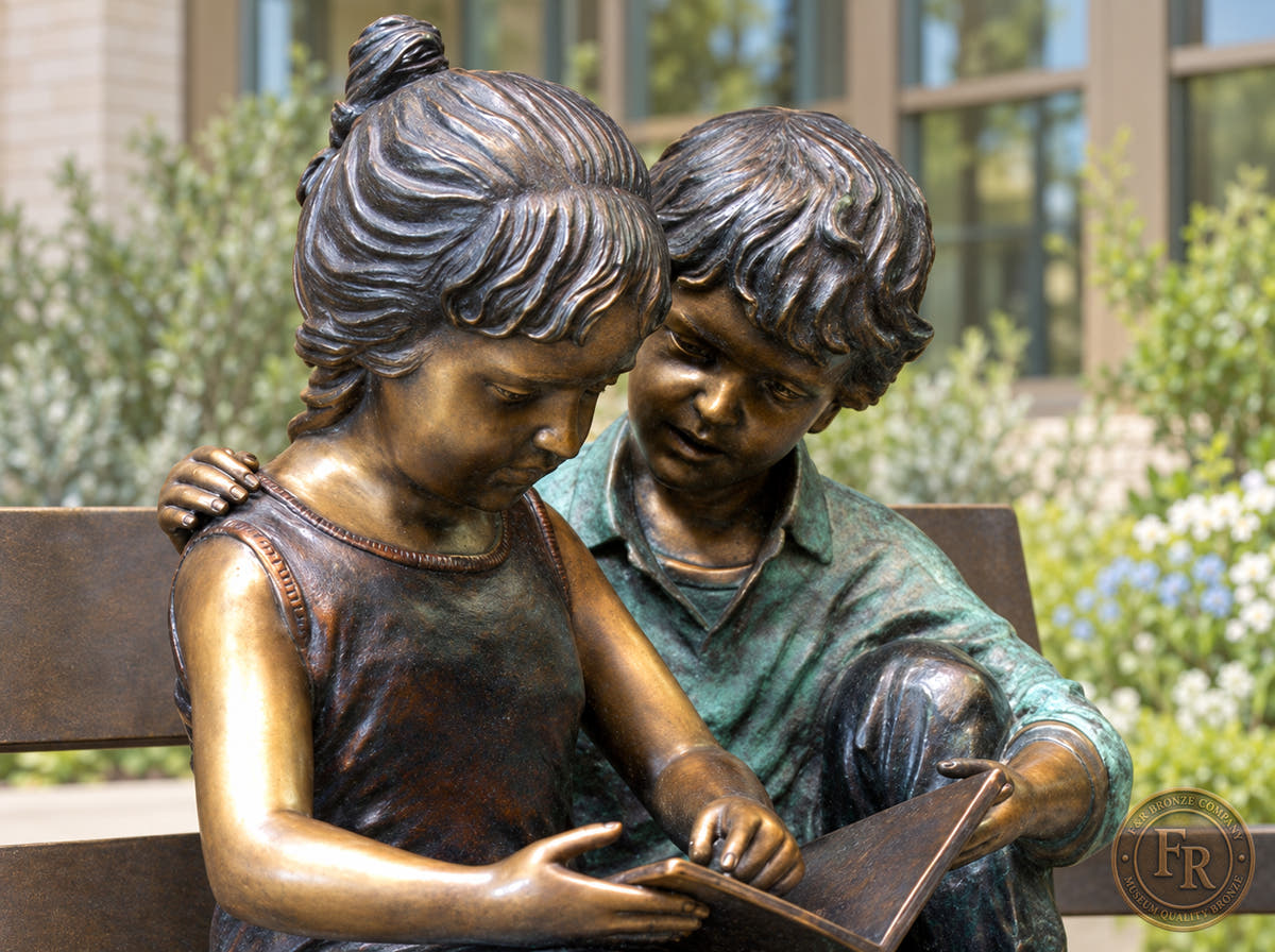 Library courtyard concept showing the reading children’s bronze faces, the boy’s arm around the girl and their shared book.
