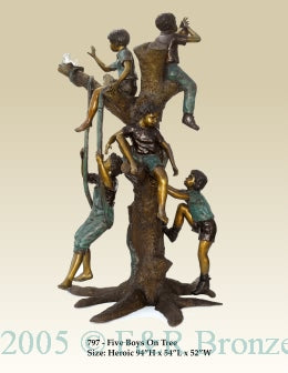 Heroic Five Boys On Tree Bronze Statue