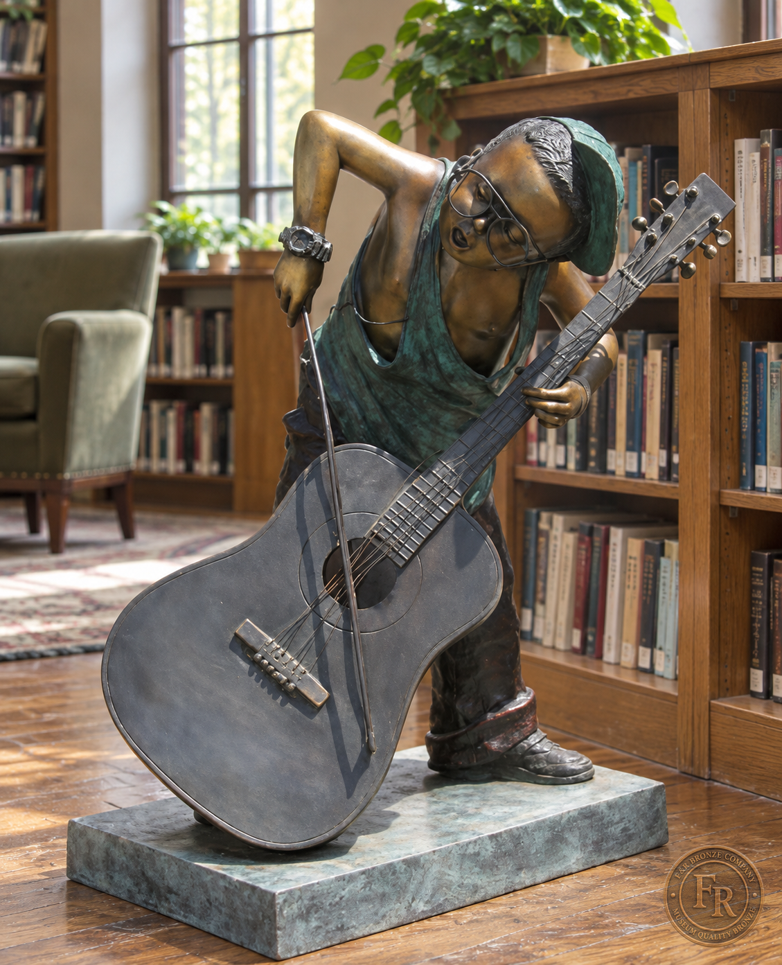 Jumbo Boy Playing Guitar Bronze Statue, item 806, front, in a modest traditional library setting. Placement concept based on the owner-supplied product photograph.
