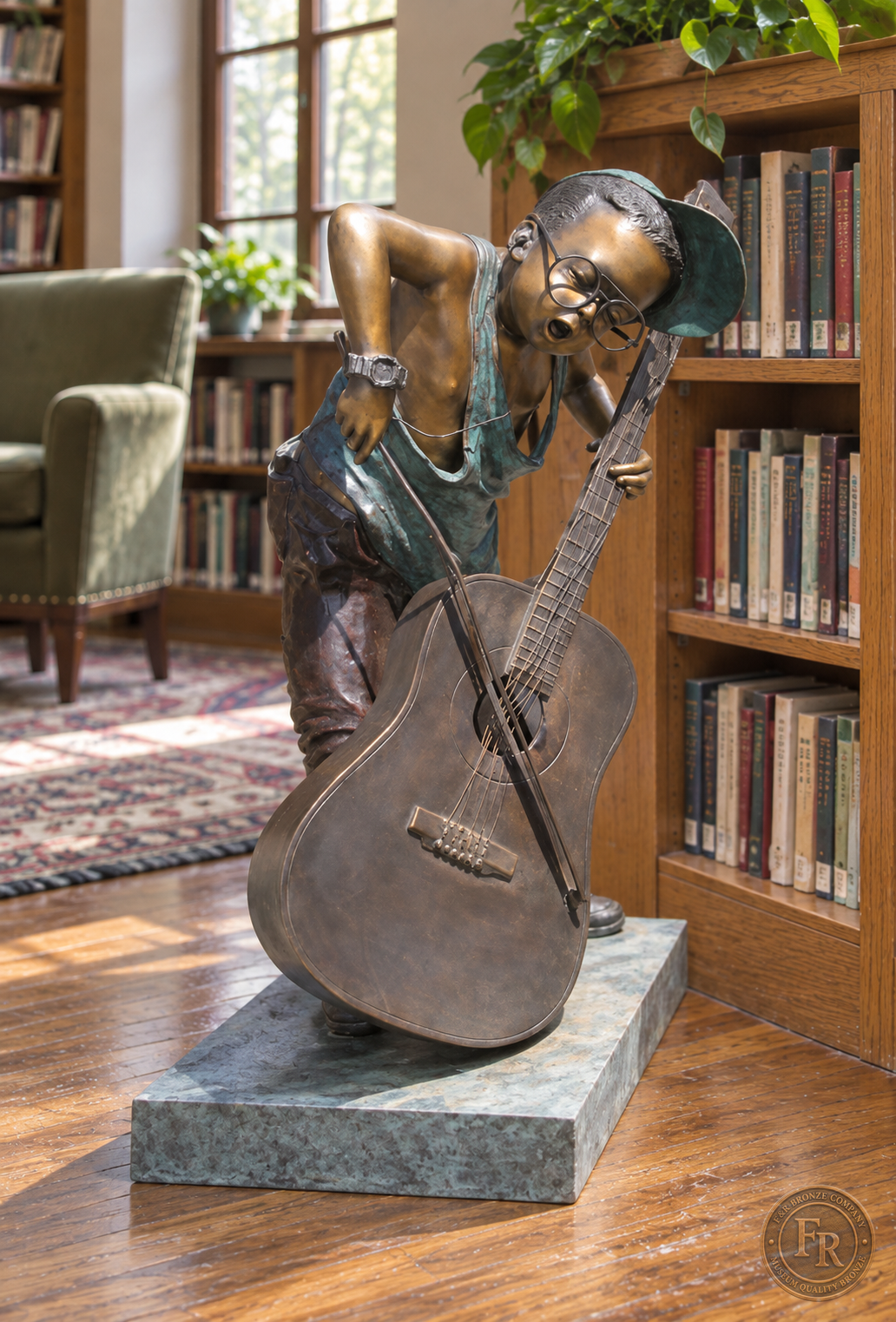 Jumbo Boy Playing Guitar Bronze Statue, item 806, alternate front, in a modest traditional library setting. Placement concept based on the owner-supplied product photograph.