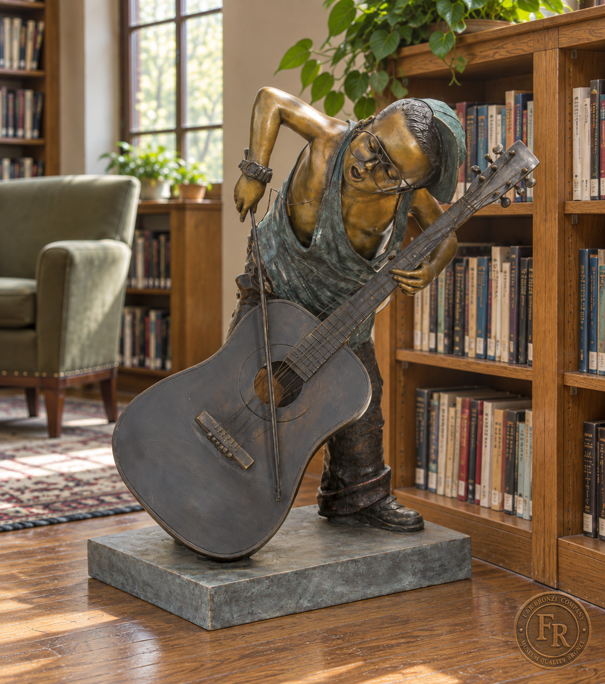 Jumbo Boy Playing Guitar Bronze Statue, item 806, front studio angle, in a modest traditional library setting. Placement concept based on the owner-supplied product photograph.