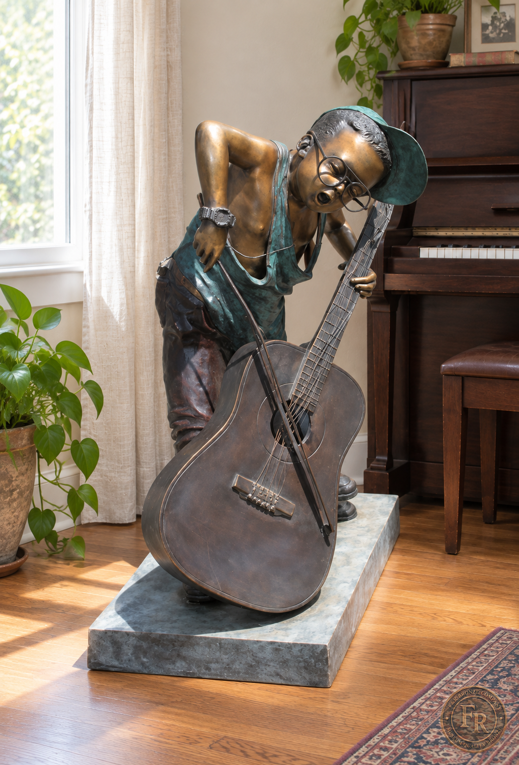 Jumbo Boy Playing Guitar Bronze Statue, item 806, alternate front, in a modest indoor music room setting. Placement concept based on the owner-supplied product photograph.