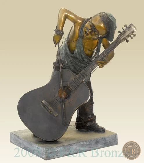 Original studio front photograph of Jumbo Boy Playing Guitar Bronze Statue, item 806, F&R Bronze.