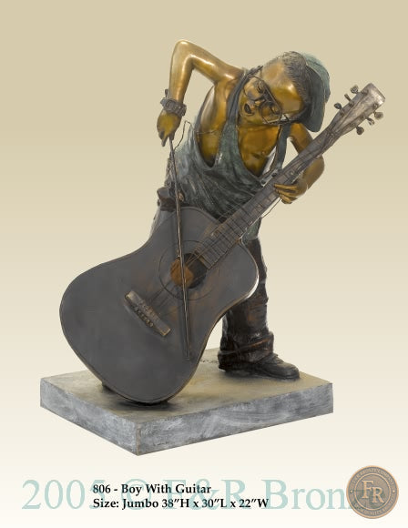 Original catalog front photograph with dimensions of Jumbo Boy Playing Guitar Bronze Statue, item 806, F&R Bronze.