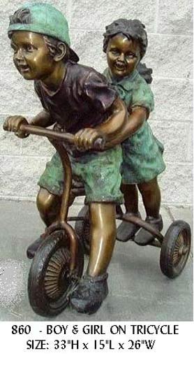 Jumbo Boy & Girl On Tricycle Bronze Statue