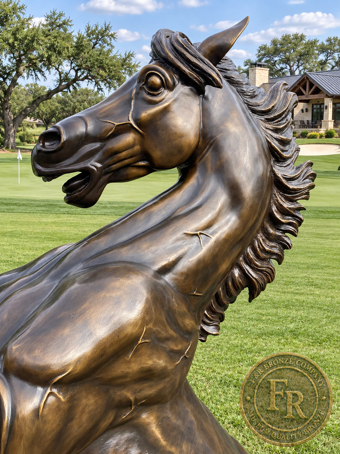 Bronze horse head facing left in an architectural concept detail view.